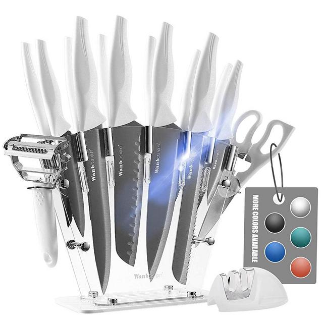 Wanbasion 16 Pieces Kitchen Knife Set Dishwasher Safe, Professional Chef Kitchen Knife Set, Kitchen Knife Set Stainless Steel with Knife Sharpener Peeler Scissors Acrylic Block