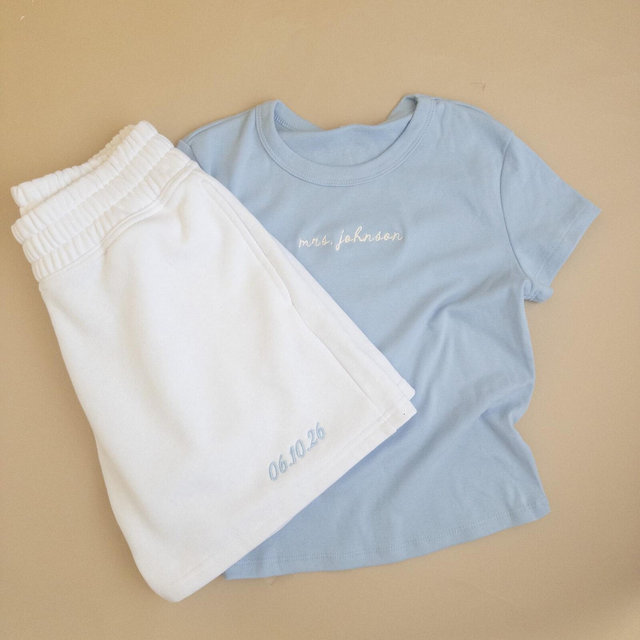 Custom Embroidered Bridal Set: Mrs Baby Tee & White Shorts with Wedding Date, Mrs Pajama Set, Bride Lounge Set, Bridal Shower Gift
