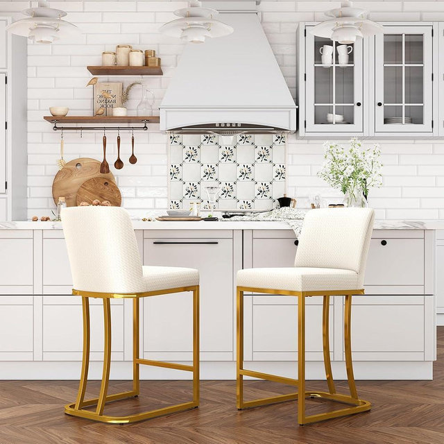 ALPHA HOME Counter Stools with Backs, 24 inch Bar Stools for Kitchen Island, Upholstered PU Leather Bar Chair with footrest, Great for Coffee Shop, Kitchen, Dining Room, White&Gold