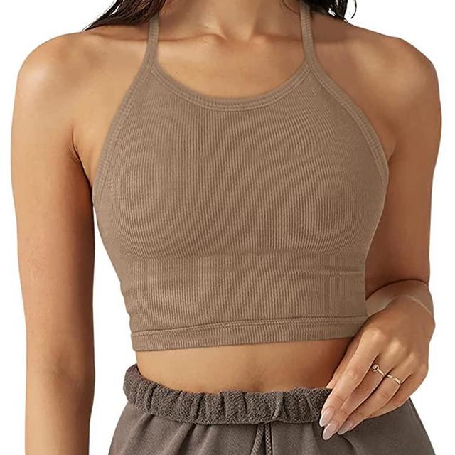 LASLULU Sports Bra for Women Crop Tops Racer Back Tank Tops Longline Workout Yoga Bra Halter Neck Cropped Casual Tops