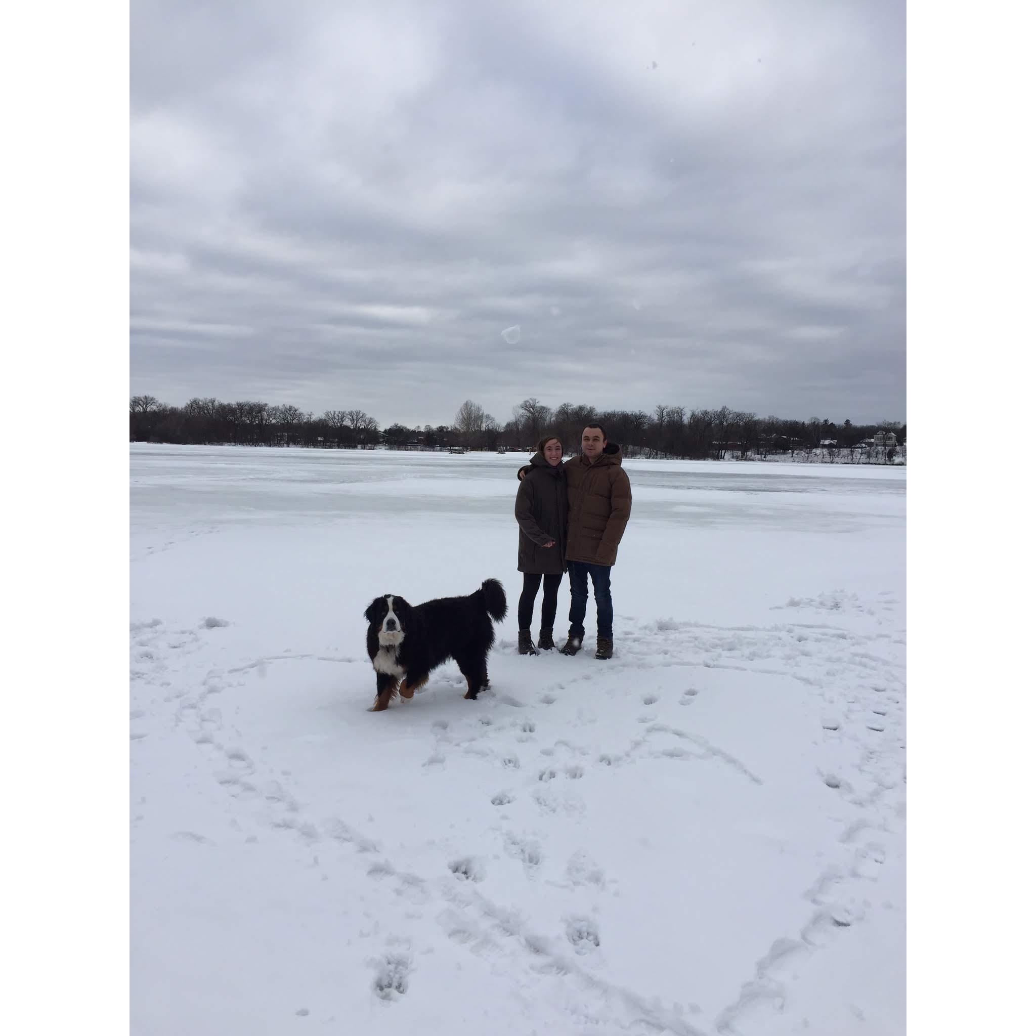 Standing on a frozen lake in the snowy heartland with Odin, Christmas 2016