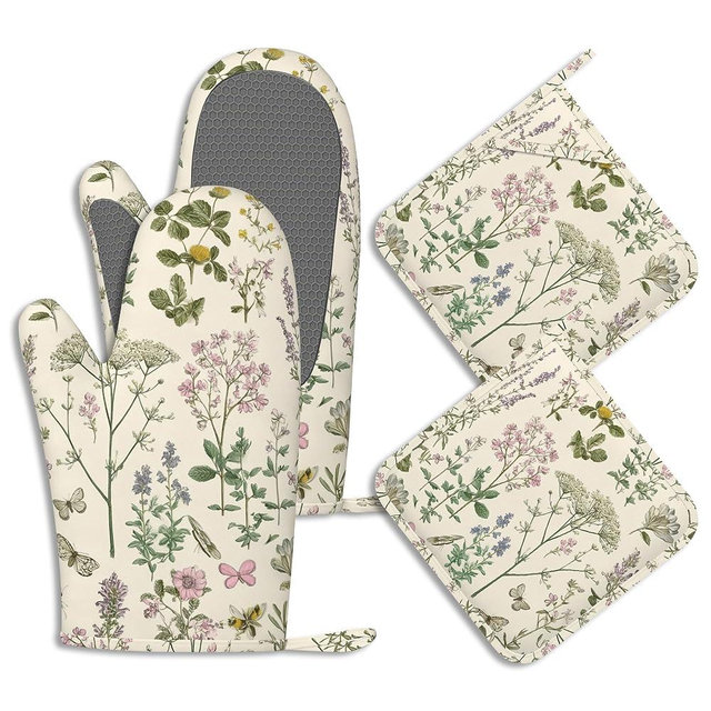 Wildflower Herbs Pot Holders and Oven Mitts Set Silicone Vintage Floral Butterfly Kitchen Gloves Potholders Heat Resistant Washable,Chef Cooking Baking Gifts for Women Men Bakers Lover Cooks