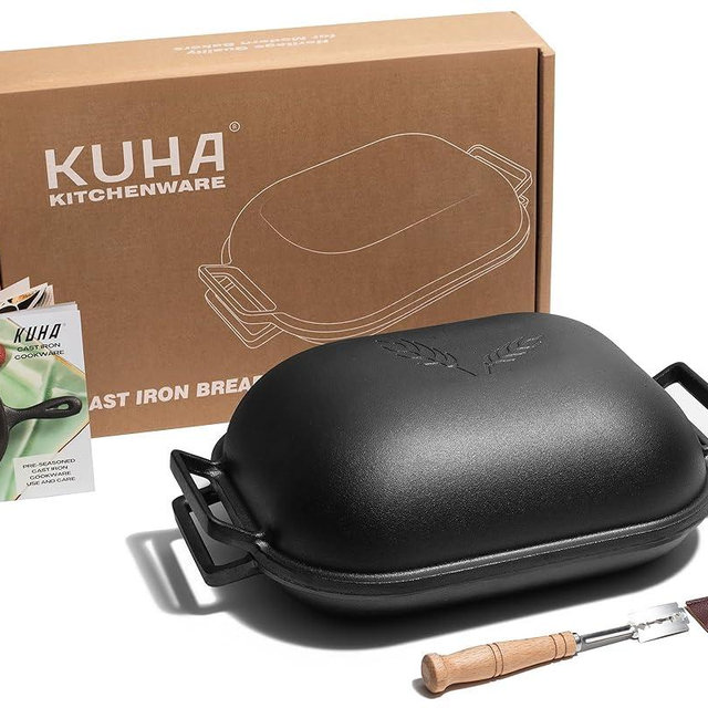 KUHA Cast Iron Bread Pan with Lid + Bread Lame - Black Heavy Duty Cast Iron Loaf Pan for Homemade Breadmaking - Pre-seasoned Bread Oven Cast Iron