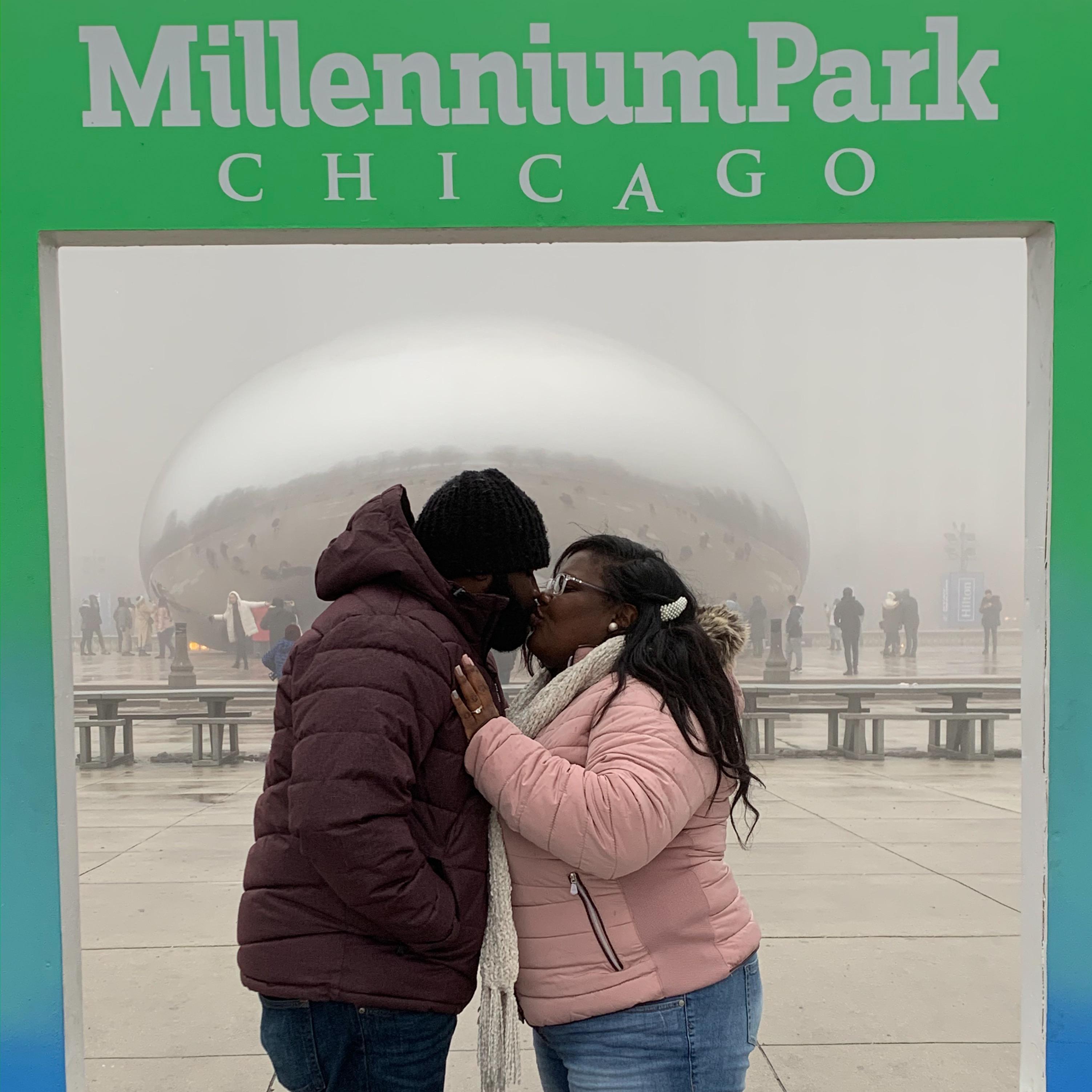 His first time visiting Chicago and seeing snow.