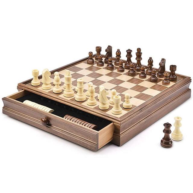 AMEROUS 15" x 15" Wooden Chess & Checkers Set with Built-in Storage Drawers / Weighted Chess Pieces / 2 Bonus Extra Queens / 24 Cherkers Pieces / Classic 2in1 Board Games Chess Sets for Kids, Adults