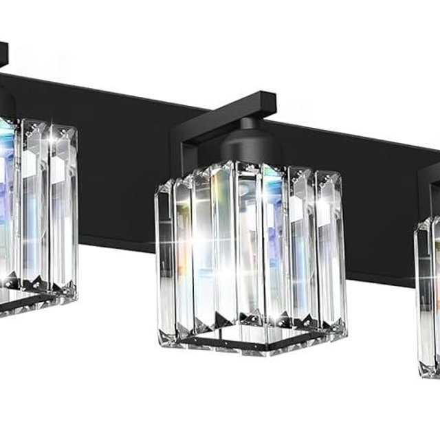 LKHF Black Crystal Bathroom Vanity Light, 3-Light Modern Bathroom Lighting Fixtures Over Mirror, Matte Black Wall Sconce Light Fixtures with Square Shade