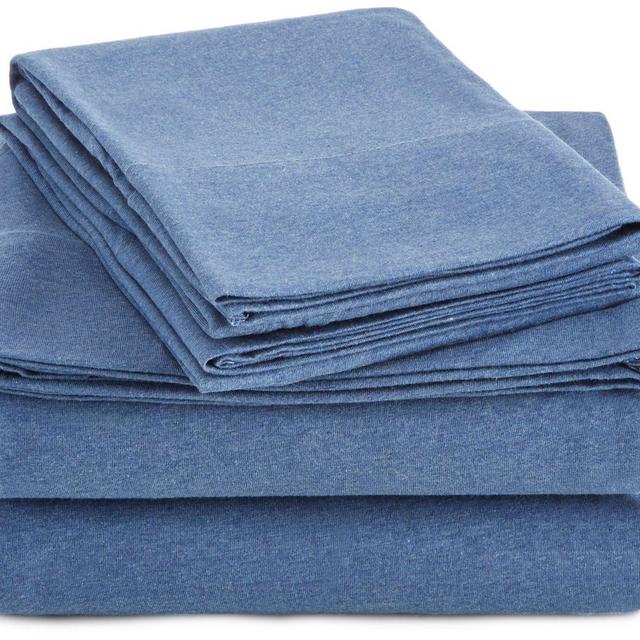 AmazonBasics Heather Cotton Jersey Bed Sheet Set - King, Chambray Blue