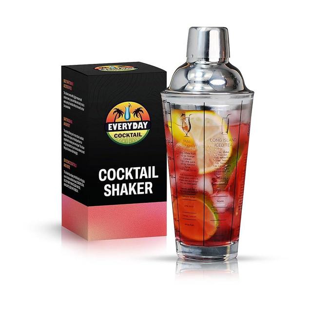EVERYDAY COCKTAIL ® | Professional Glass Cocktail Shaker 14 oz | Martini Shaker | Shaker with Recipes on Side | Clear Bar Shaker with Measurements | Built in Strainer with Seal | Margarita Shakers