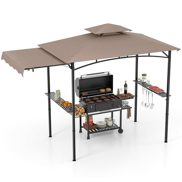 HAPPYGRILL Outdoor Grill Gazebo Canopy 11 x 5 FT, Barbecue Canopy with Double-Tiered Top, 2 Side Shelves, Hanging Hooks, Bottle Opener, Metal Frame, BBQ Grilling Shelter