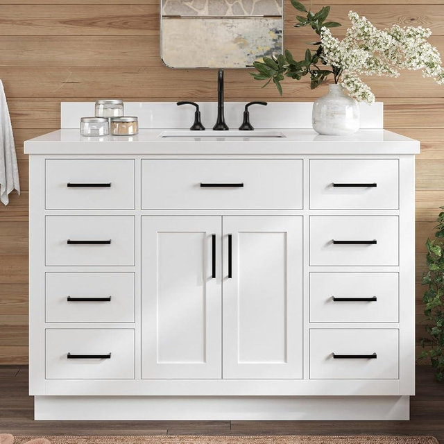 ARIEL Hepburn 49" White Bathroom Vanity with Sink, 1.5" Edge Pure White Quartz Countertop & Backsplash, Rectangular Sink, 2 Soft Closing Doors, 8 Full Extension Dovetail & 1 45-Degree Tilt Drawers