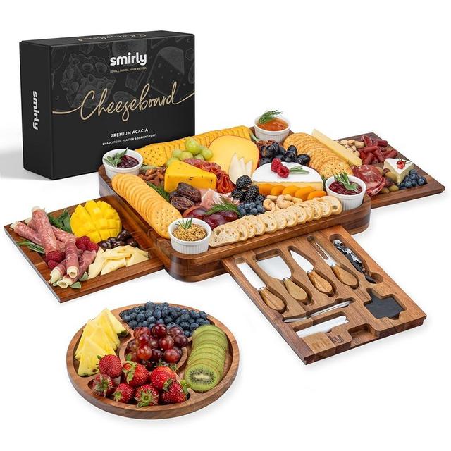 SMIRLY 3 Side Acacia Cheeseboard-4 Bowls Charcuterie Boards Gift Set: Charcuterie Board Set, Acacia Cheese Board Set - House Warming Gifts New Home, Wedding Gifts for Couple, Bridal Shower Gift