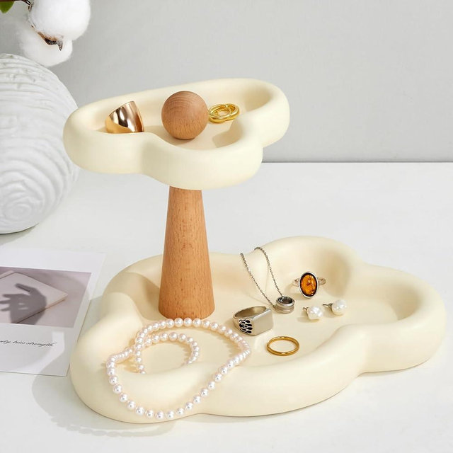 Ceramic Jewelry Tray,Cloud Jewelry Holder Chubby Plate,Ring Dish,Key Bowl Perfume Trinket Dish Room Decor Aesthetic Vanity for Mother's Day Christmas Thanksgiving Birthday Gift (Cream/Primary Rod)