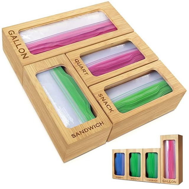 FLRUL Bamboo Ziplock Bag Organizer for Pantry Kitchen Drawer, Food Storage Baggies Dispenser Holder, Compatible with Ziploc Brand, Gallon Quart Snack Sandwich Bag Organization
