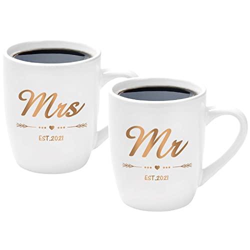 Mr Mrs Couple Coffee Mug Bride Engagement Wedding Bridal Shower Idea for Bride Groom Anniversary Idea for Couple Ceramic Coffee Mug Cup Set of 2 Est 2021 White 12 Ounce