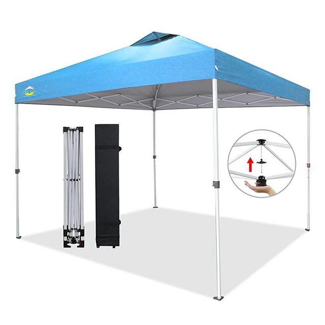 CROWN SHADES 10x10 Pop up Canopy Outside Canopy, Patented One Push Tent Canopy with Wheeled Carry Bag, Bonus 8 Stakes and 4 Ropes, Sky Blue