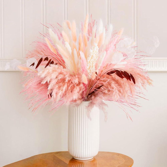 N&T NETING 85Pcs Pink Pampas Grass Decor, Natural Dried Floral Pampas Grass, Boho Pampas Grass Home Decor, Fluffy Dried Pompas Grass for Home Wedding Boho Beach Theme Bedroom Decor