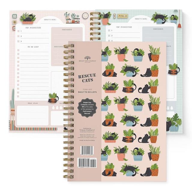 Undated to Do List by Bright Day Daily Task Checklist daily planner to do list notebook Non Dated Flex Cover Spiral Organizer Habit Tracker 8.25 x 6.25, Rescue Cats