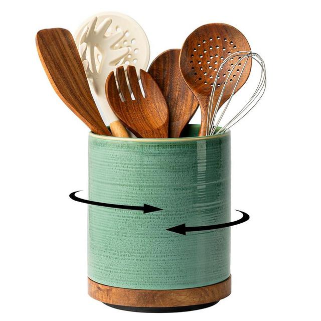 Utensil Holder, 360° Rotating Extra Large Ceramic Kitchen Utensil Holder for Countertop, 7.3“ Cooking Utensil Crocks for Kitchen Counter with Rotatable Wooden Base, Farmhouse Decor, Forest Green