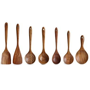 Wooden Utensils Set for Kitchen, Messon Handmade Natural Teak Cooking Spoons Wooden Spatula for Nonstick Cookware (7 sets)