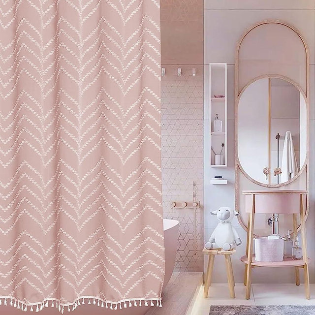 Pink Boho Shower Curtain White Tassel Woven Fabric Cute Modern Farmhouse Textured Tufted Chevron Striped Minimalist 72 x 72 Bathroom Shower Curtain Set with Hooks
