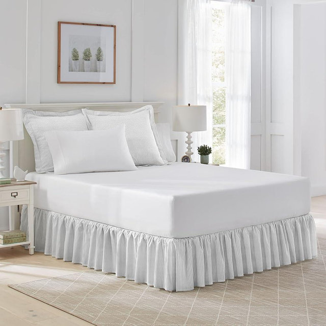 Laura Ashley Home - Cotton Ruffled Bedskirt, Lightweight & Classic Style (Ticking Stripe Grey, Queen)