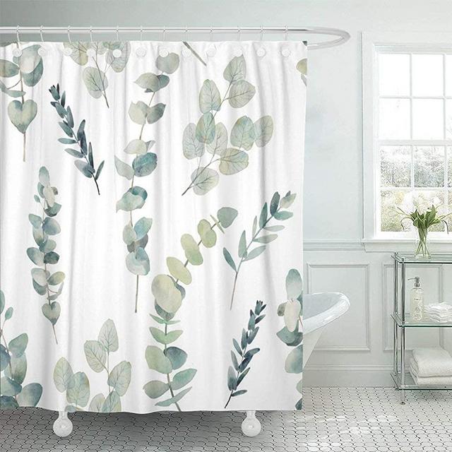 Emvency Fabric Shower Curtain with Hooks Green Leaf Watercolor Eucalyptus Branches Hand Floral with Plant on White Natural Twig 72"X72" Decorative Bathroom