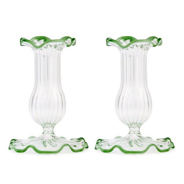 Set-Of-Two Small Scalloped Glass Candle Sticks