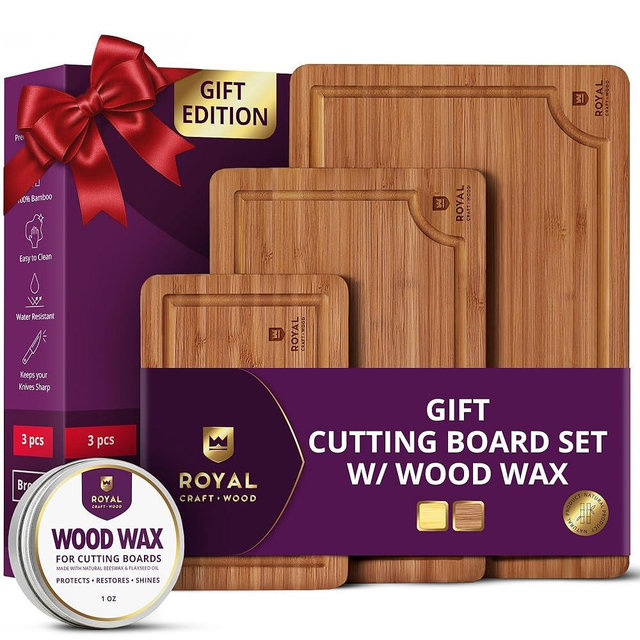 ROYAL CRAFT WOOD Bamboo Cutting Board Set – 3 Durable Wooden Cutting Boards for Kitchen Meal Prep, Charcuterie & Serving – Chopping & Butcher Block with Juice Grooves – Gift-Ready Packaging & Wood Wax