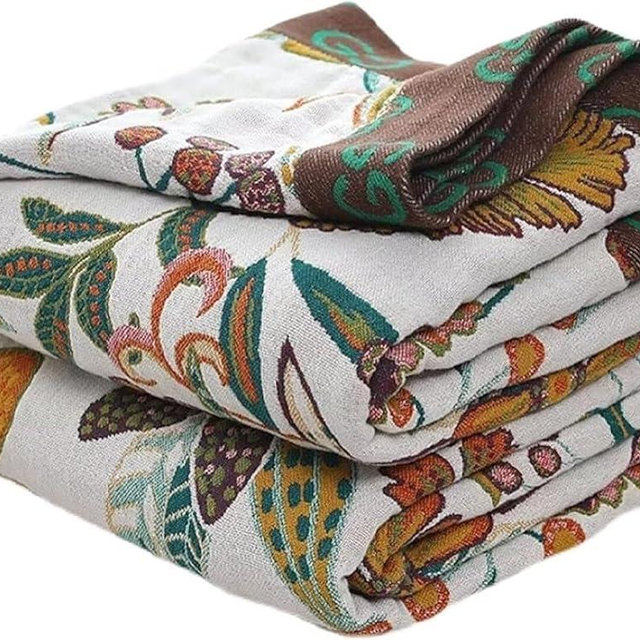 Ffdshc Fall Throw Blankets for Bed Couch, 100% Organic Cotton Breathable Woven Throw Blankets 80"x90", Versatile Boho Quilt for Travel Picnic,Home Decor Lightweight Farmhouse Muslin Blankets