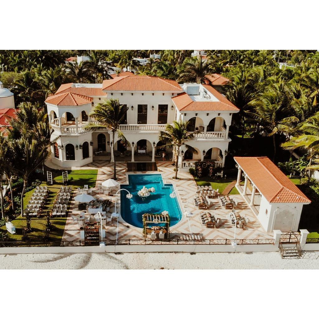 The ceremony will be on the left side grassy area, followed by a cocktail hour on the left poolside, then dinner on the right poolside, and dancing to the back of the pool closest to the villa.