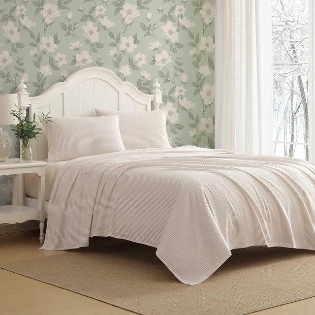 Laura Ashley - King Bed Sheets, Cotton Flannel Bedding Set with Matching Pillowcases, Brushed for Extra Softness, Deep Pocket, Oeko-Tex Certified (Oxfordshire Stripe Beige)