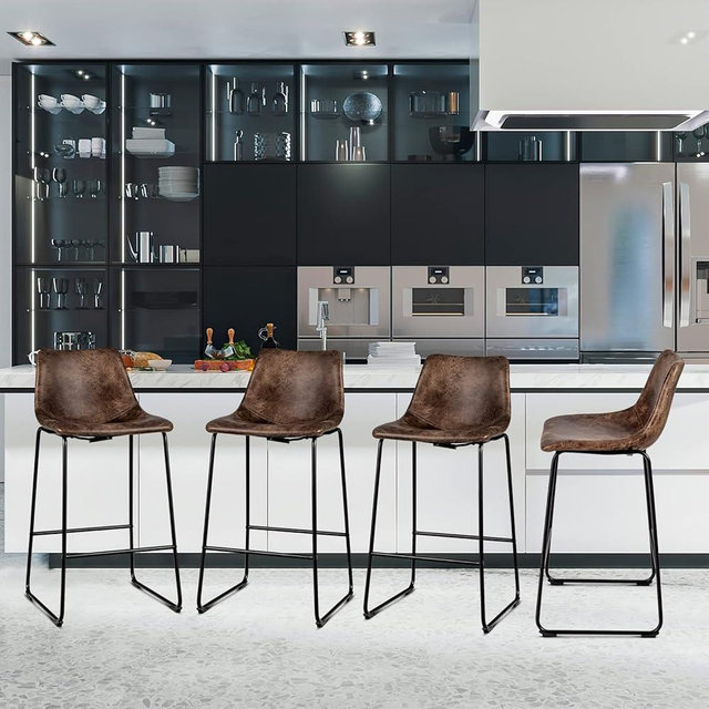 ERGOMASTER Bar Stools Set of 4 Modern 30 Inch Bar Height Chairs Leather Barstools with Back and Sturdy Metal Legs for Kitchen Island Home Bar (Brown)