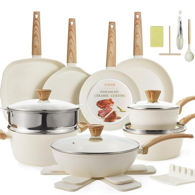 26Pcs Pots and Pans Nonstick Ceramic Cookware Set Nontoxic Kitchen Cooking Set with Steamers Utensils Induction Compatible, PFAS/PFOA Free, Oven and Dishwasher Safe, Cream White