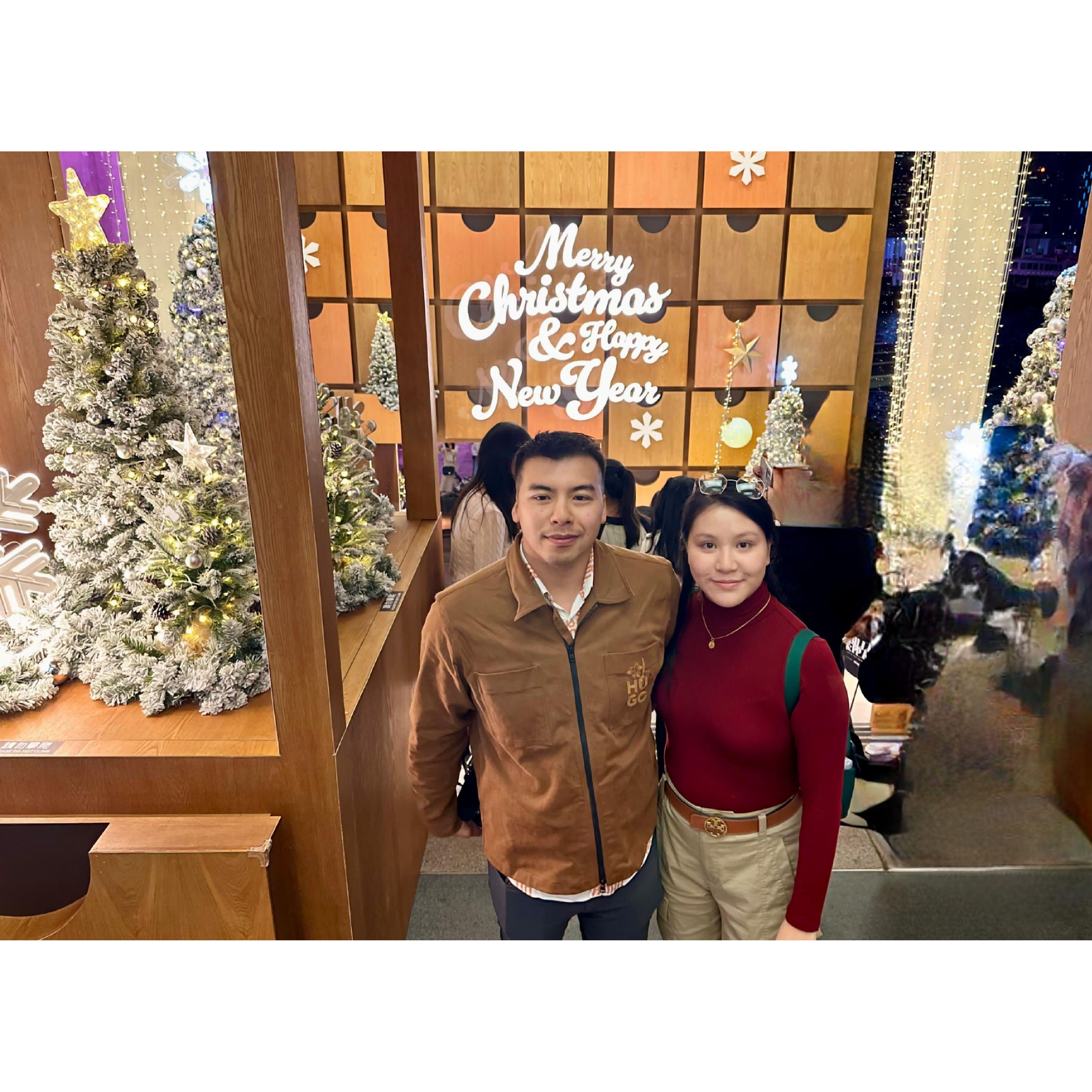 In Hong Kong at a large shopping mall celebrating Christmas.