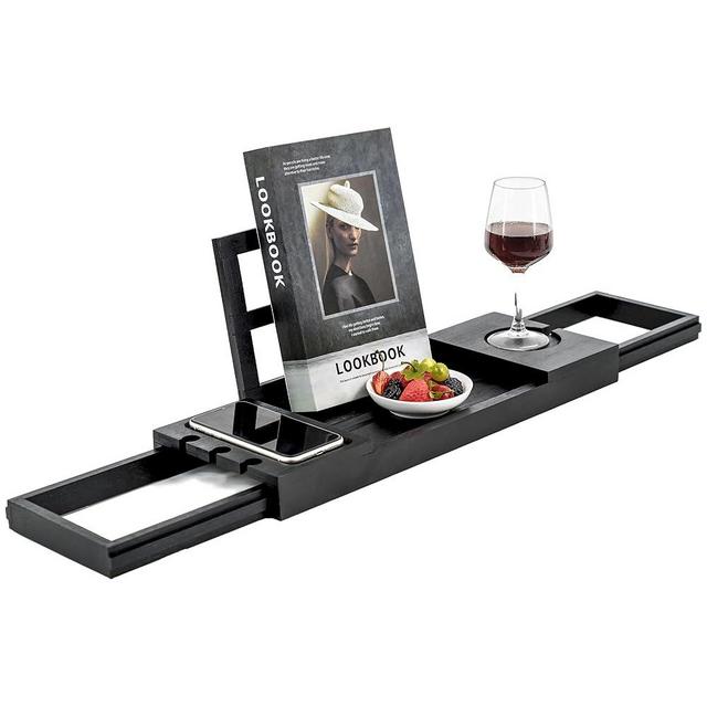 Utoplike Bamboo Bathtub Tray Black, Adjustable Bath Caddy Table for Tub, Bathroom Organizer with Book Tablet Wine Glass Cup Towel Holder