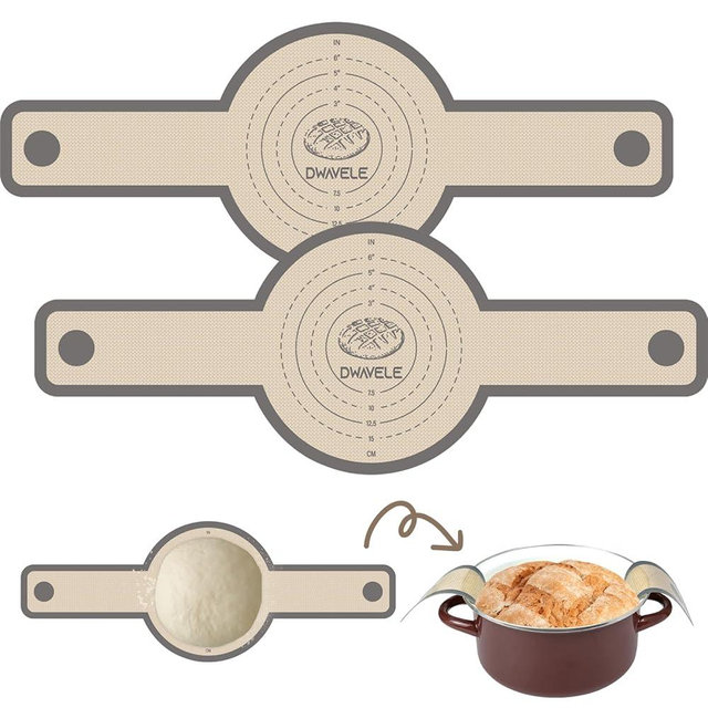 Silicone Bread Sling for Dutch Oven, Non-Stick & Easy to Clean Bread Baking Mat Set, 2 Pcs Reusable Bread Sling with Long Handle to Transfer Sourdough (Gray, 2PCS Round)
