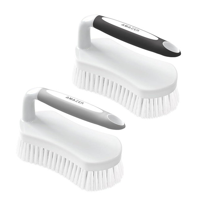 Amazer Scrub Brush for Cleaning Comfort Grip Bathtub Scrubber Stiff Bristles with Handle Heavy Duty Shower Cleaner Brush for Tub Carpet Floor Sink Outdoor - Pack of 2 (Black+Grey)