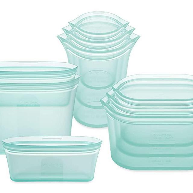 Zip Top Reusable Food Storage Bags | 9 Piece Set [Teal] - 3 Bags, 3 Cups, 3 Dishes | Silicone Meal Prep Container | Microwave, Dishwasher and Freezer Safe | Made in the USA