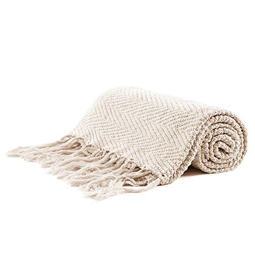 Longhui bedding Fringe Knit Cotton Throw Blanket, 50 x 63 Inches Decorative Knitted Cover with 6 Inches Tassels, Bonus Laundry Bag - 3.12lb Weight, Couch Blankets, Cream