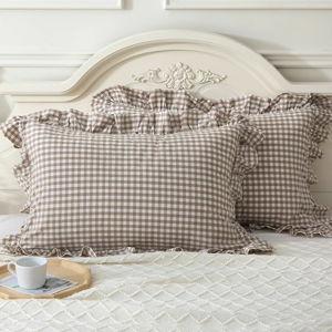 Mywinlle Taupe/White Plaid Ruffle Pillowcases Farmhouse Standard Size Pillow Shams 20"x26",Shabby Checkered Gingham Washed Cotton Pillow Covers Set of 2