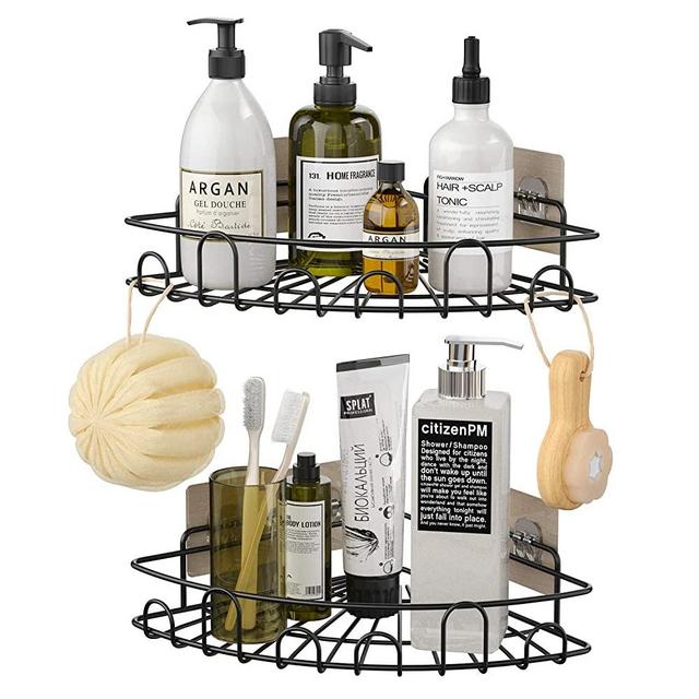Shower Caddy Corner Bathroom Shelf Shower Rack with 8 Traceless Adhesive Hooks, No Drilling Shower Organizer Wall Mounted Storage Organizer for Kitchen Toilet Dorm, 2 PACK