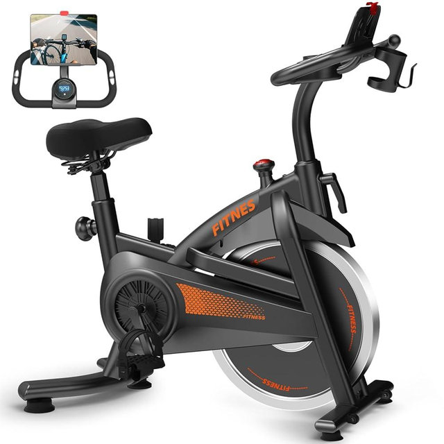 CURSOR FITNESS Exercise Bike, Brake Pad Stationary Bike for Home with Exclusive App, Stationary Bikes for Home with 300 lb Weight, Indoor Cycling Spin Bike Workout Bike with Extra Comfort Seat