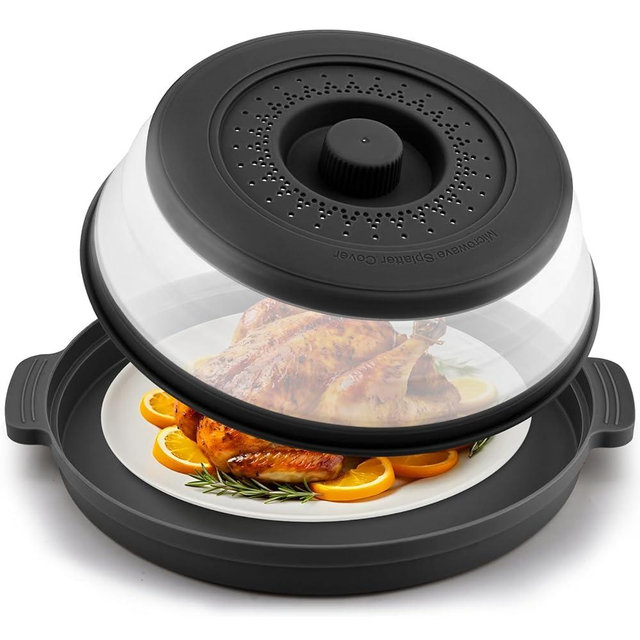 Microwave Food Splatter Cover & Base Mat,10.5 Inch Large Plastic & Silicone Vented Collapsible Guard Lid, Plate Holder & Kitchen Colander for Meal (Black)