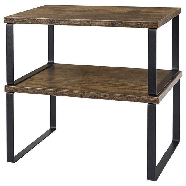 Kitchen Cabinet Shelves Organizer, Set of 2 Counter Shelves, Industrial Expandable and Stackable Countertop Organizer Racks for Bathroom Kitchen, Rustic Brown wood