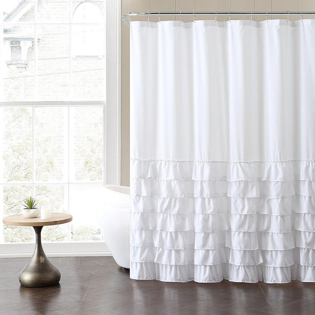 VCNY Home - Fabric Shower Curtain, Ruffled Bathroom Essentials, Chic Home Decor, 72" (Melanie Collection, White)