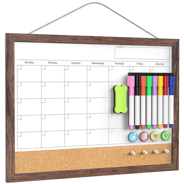 Calendar Whiteboard for Wall, 17x13 Inches White Board Calendar Dry Erase, Small Magnetic White Board with Wood Frame, Hanging Dry Erase Board for Kitchen Home Office School Planner