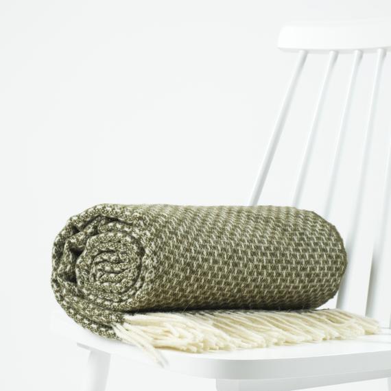 Moss green knitted texture weave solid natural sheep wool cozy warm plaid throw blanket by NAMO