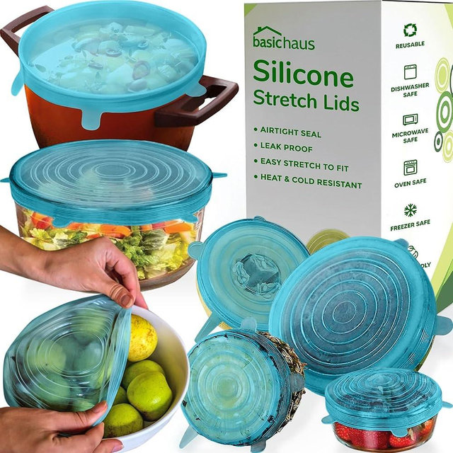 Reusable Silicone Stretch Lids for Food Storage in Fridge - Elastic Heat-Resistant Bowl Covers, Cups, Cans, Jars - Universal Food Grade Lid for Containers - 7 Pack - Blue Mist Stretchy Lid Set