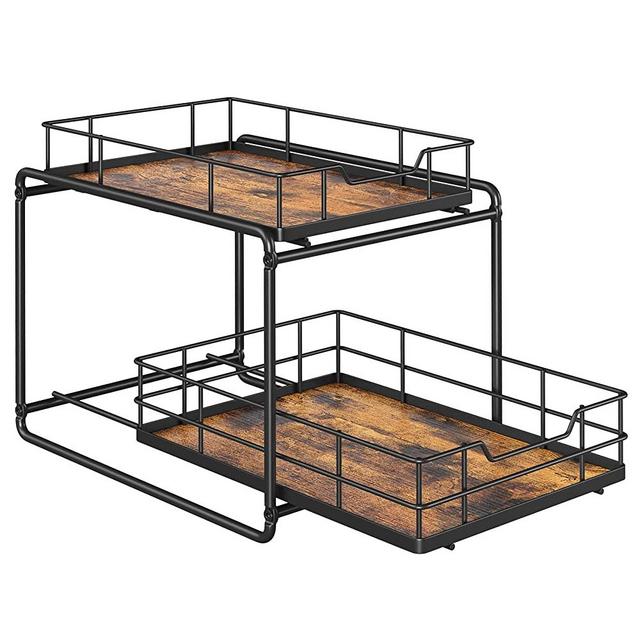 SONGMICS Spice Rack, Pull Out Cabinet Organizer, Countertop and Under Sink Organizer with Basket Drawers, Kitchen Organization, Space-Saving, 14.6 x 11 x 12.6 Inches, Rustic Brown and Black UKCS026X01