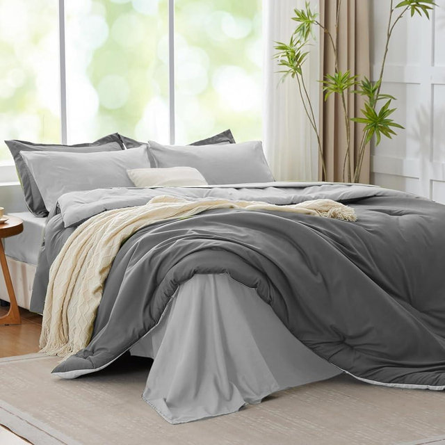 Kozyhvn Gray Comforter Set Queen Reversible Bedding Set, 7 Pieces Soft Bed in a Bag Queen with Comforter, Sheets, Pillowcases & Shams, All Seasons Boho Queen Bed Set